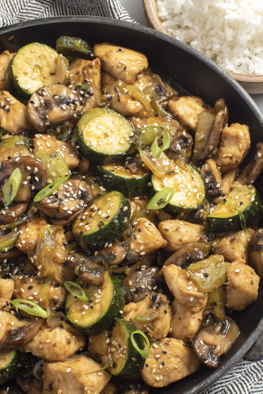 Serving of mushroom chicken with rice and sesame seeds