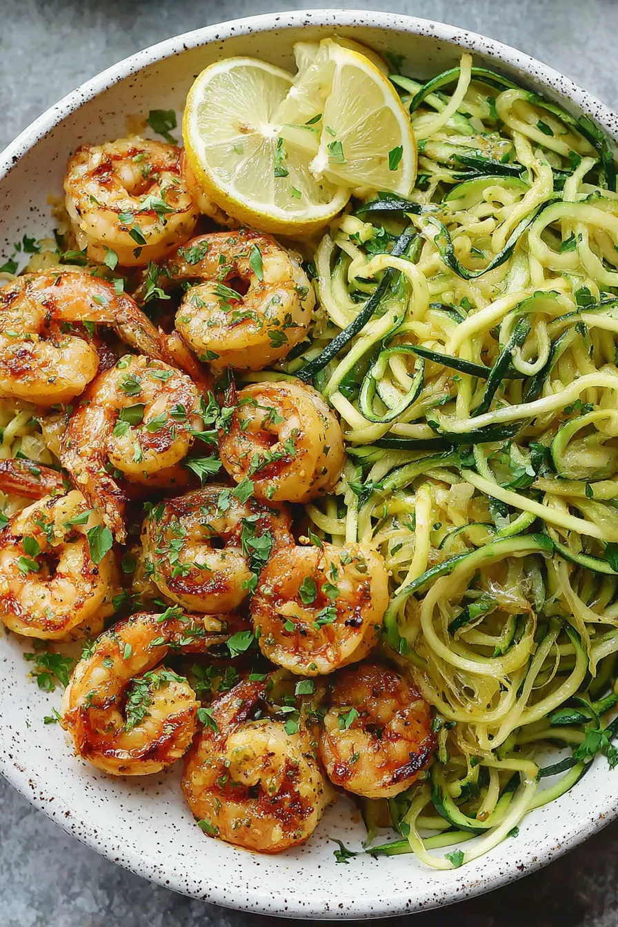 Grilled shrimp on zoodles with citrus glaze