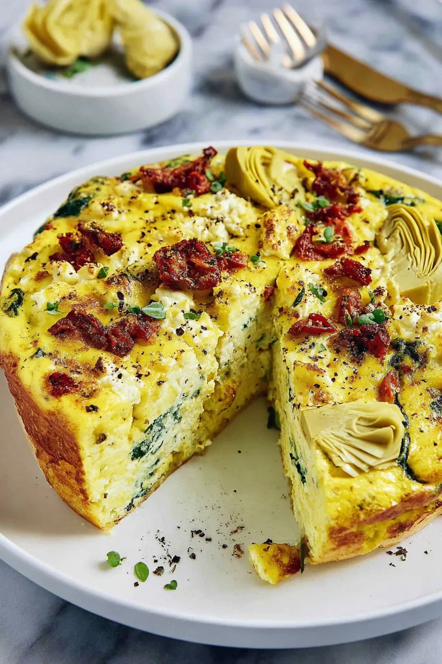 Close-up of a slice showing layers of spinach and sun-dried tomatoes