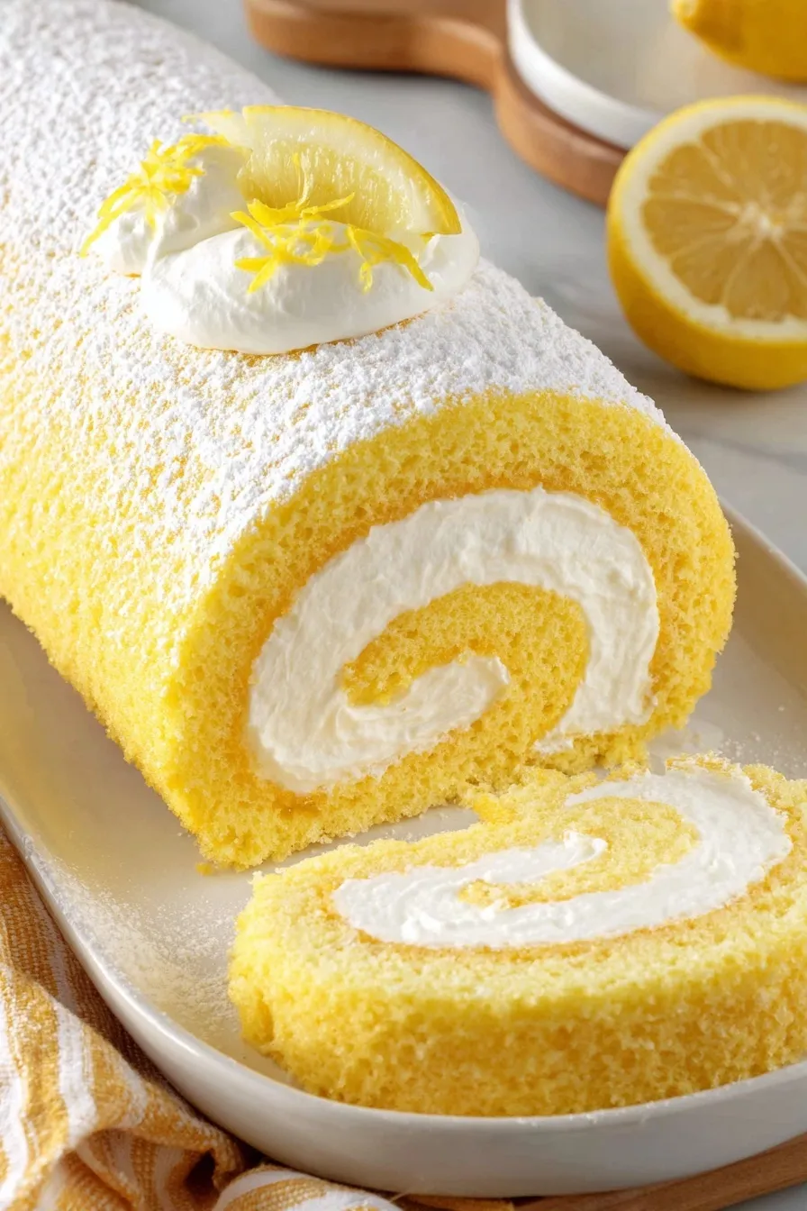 Fresh sliced lemon Swiss roll on a plate