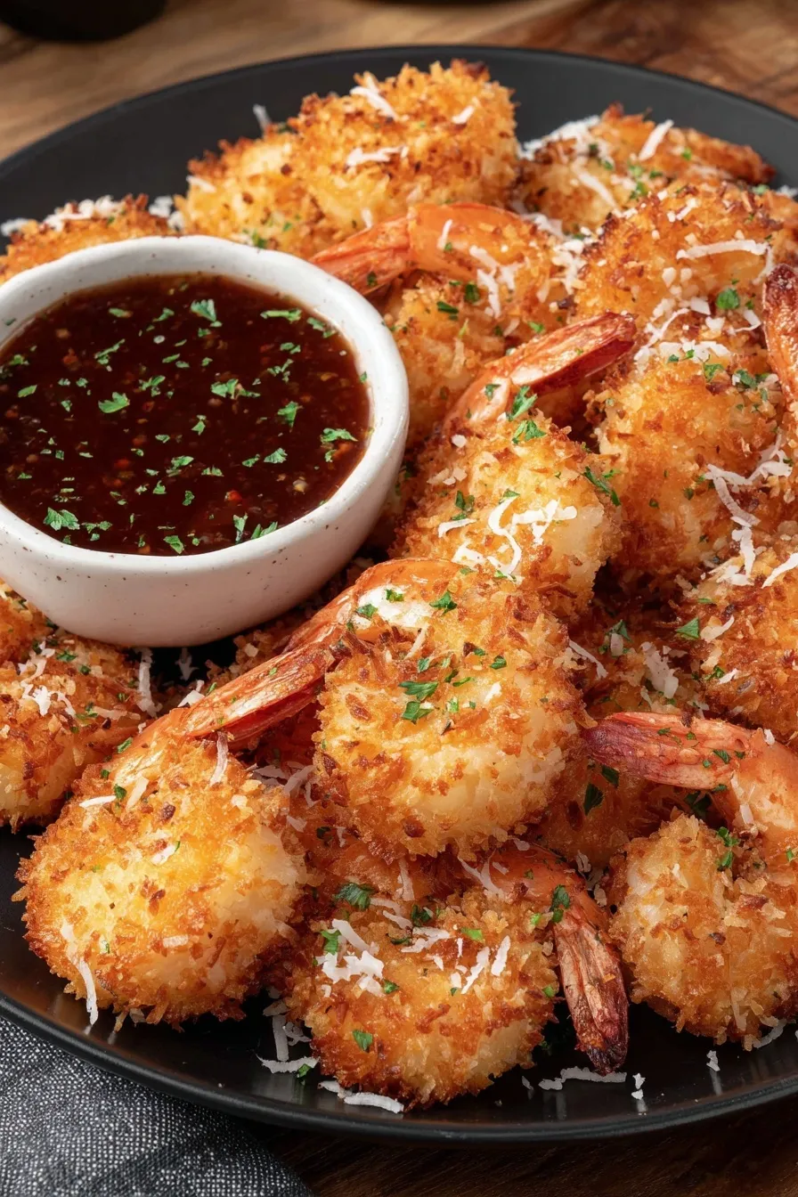 Golden coconut shrimp frying in oil