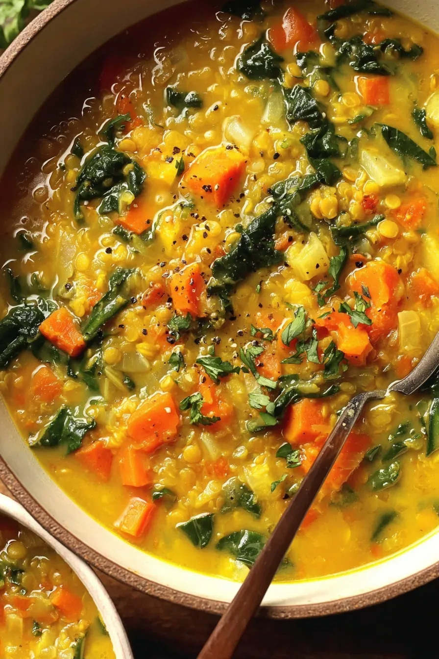 A steaming bowl of immune boosting lentil soup with parsley garnish