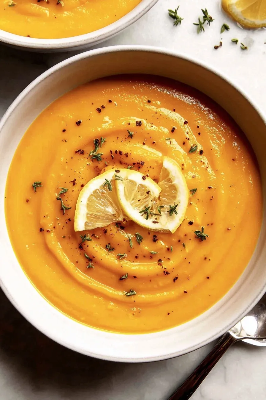Lemony Lentil Soup in bowl with lemon garnish