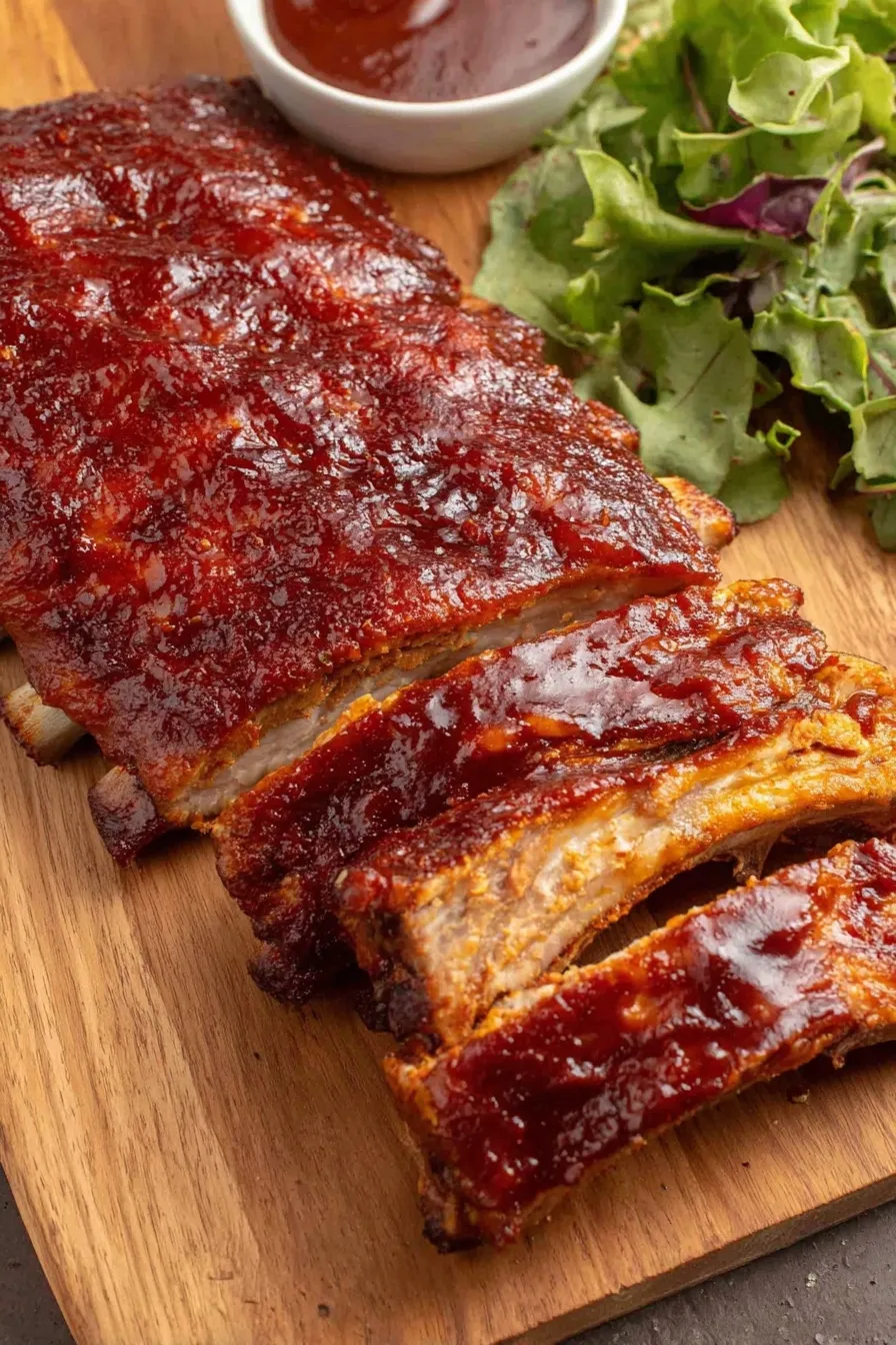 Finished glazed baby back ribs with caramelized edges