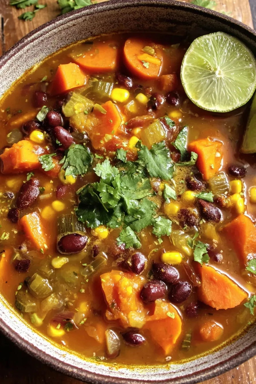 Bowl of sweet potato and black bean soup in a ceramic bowl garnished with cilantro