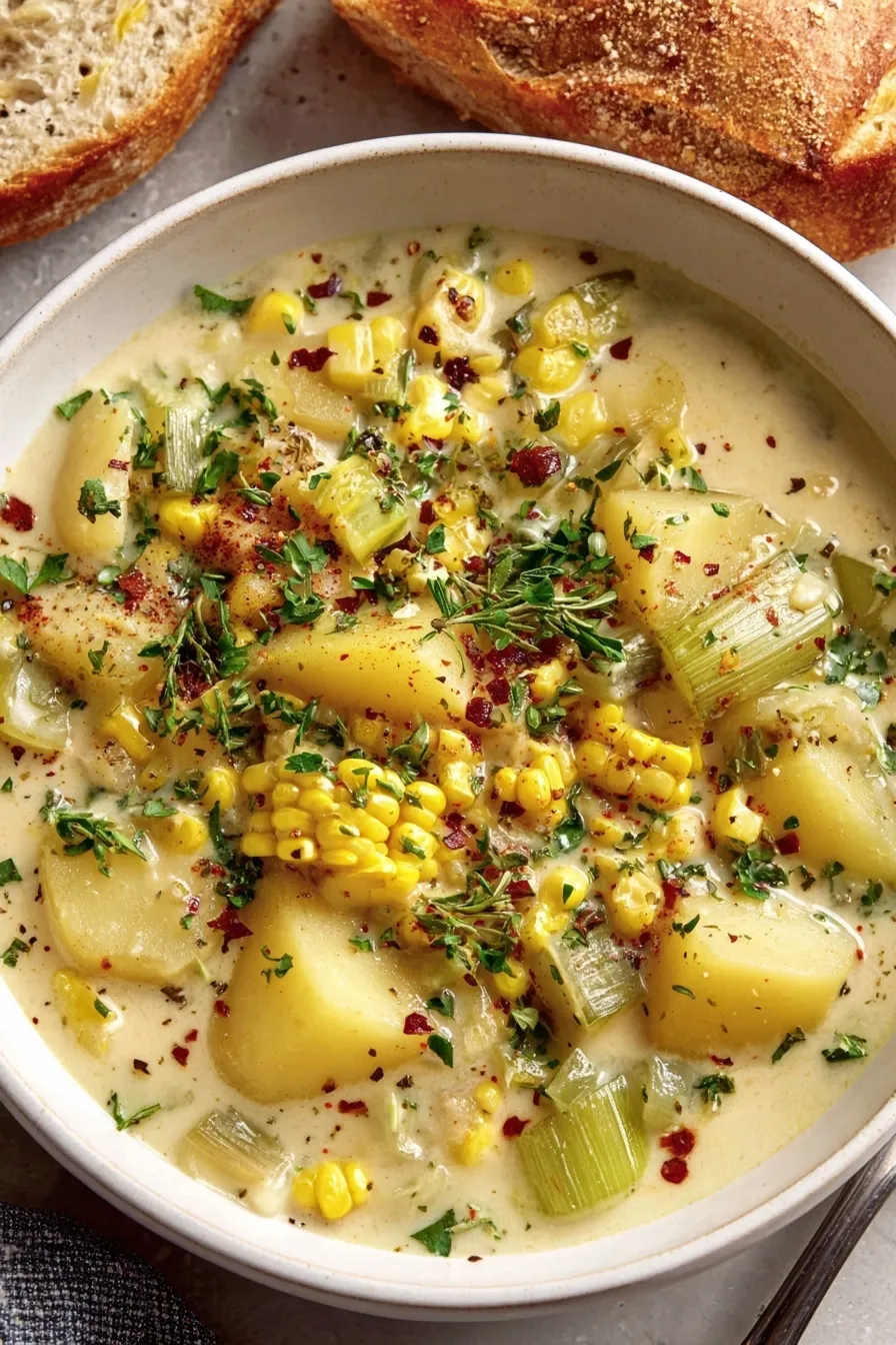 Creamy potato corn chowder in a white bowl garnished with parsley