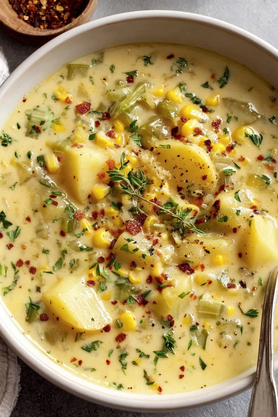 Ingredients laid out for potato corn chowder with potatoes and corn visible