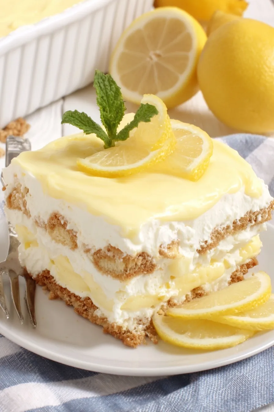 Layered lemon dessert in a baking dish