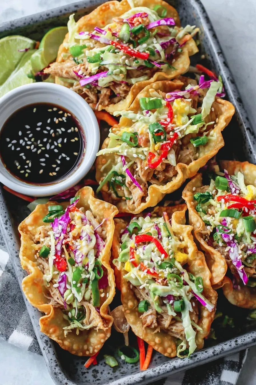 Baked wonton cups filled with hoisin chicken