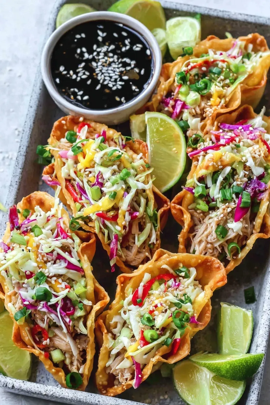 Asian slaw topping on chicken wonton tacos