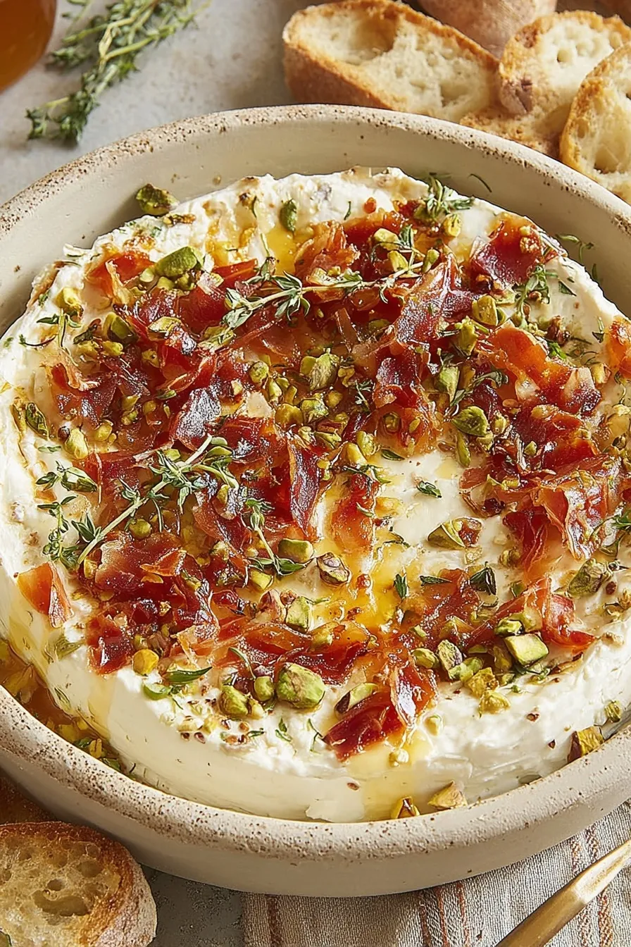 Whipped brie topped with honey and pistachios