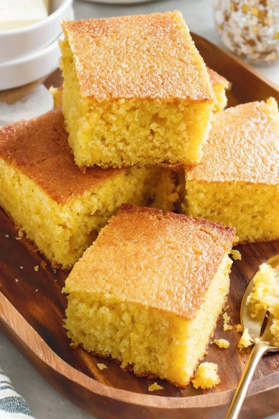 Golden squares of sweet cornbread on a plate