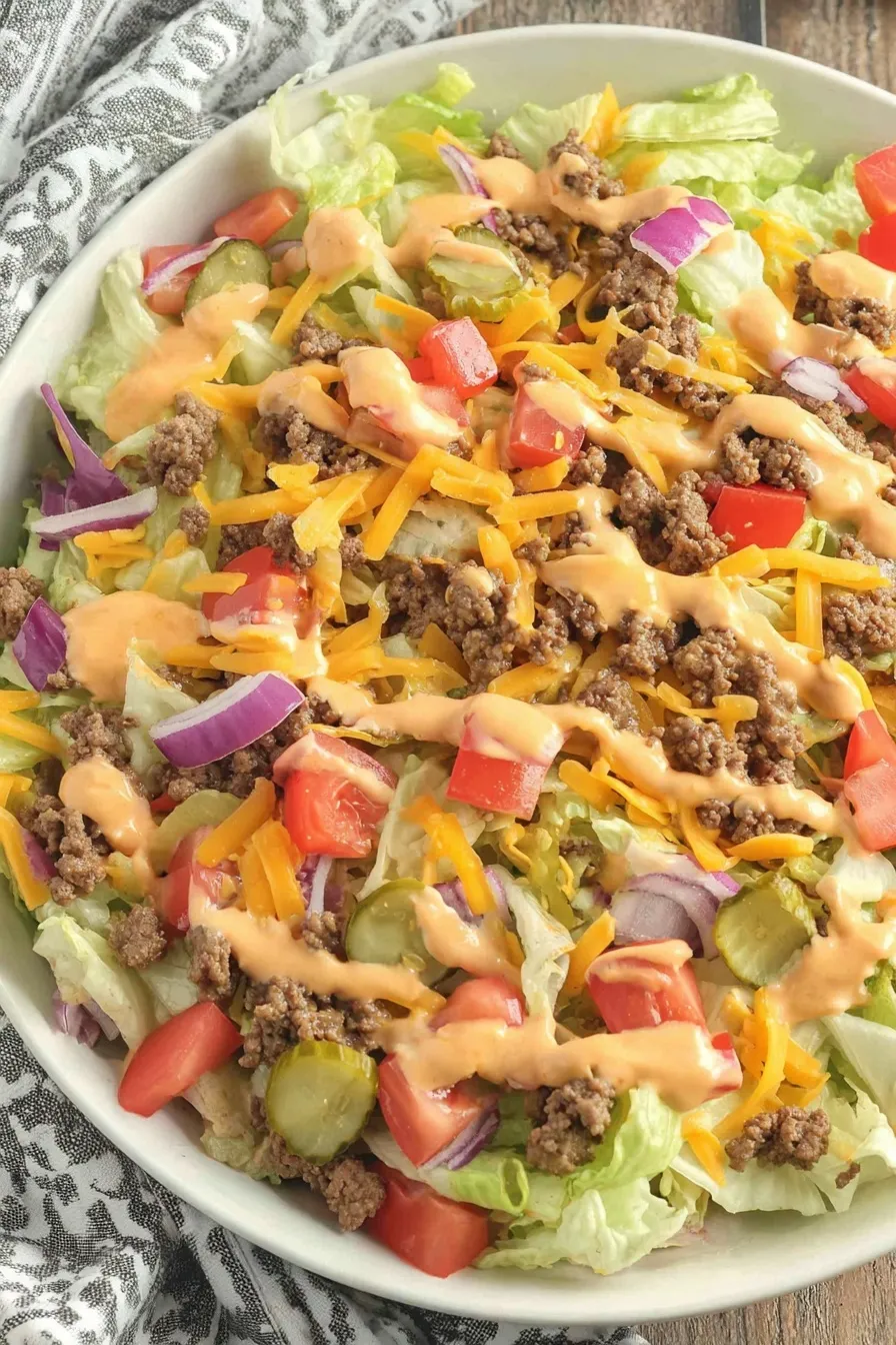 Assembled Big Mac Salad with Colby jack and pickles