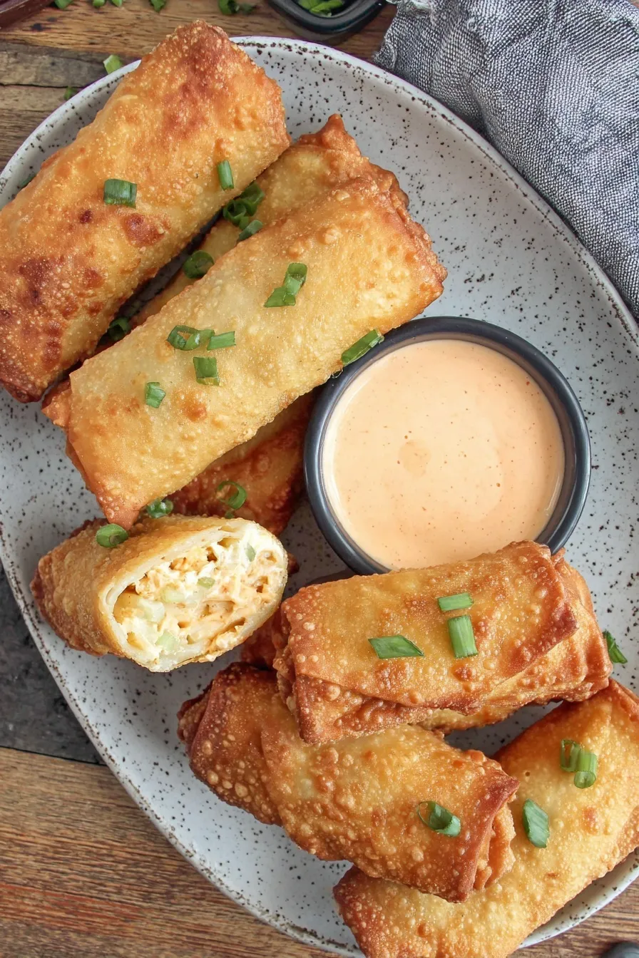 Buffalo Chicken Egg Rolls frying in skillet