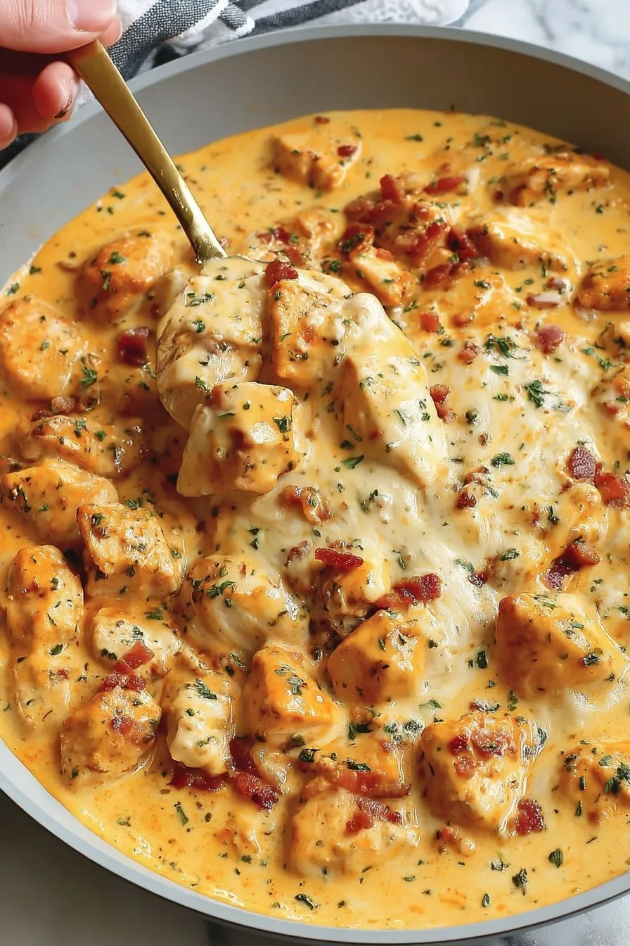 Close-up of cheesy buffalo chicken with melted cheddar