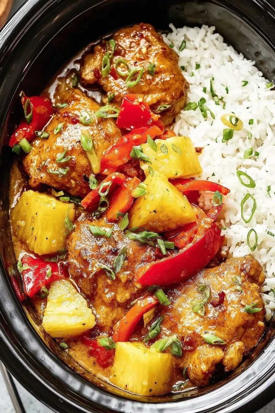 Crockpot Hawaiian Chicken in slow cooker with pineapple and peppers