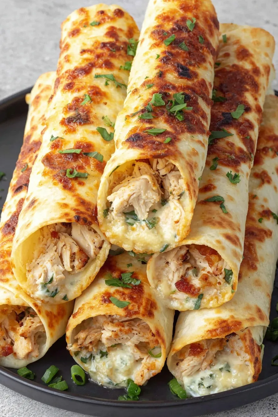 Finished chicken bacon ranch taquitos on a serving plate