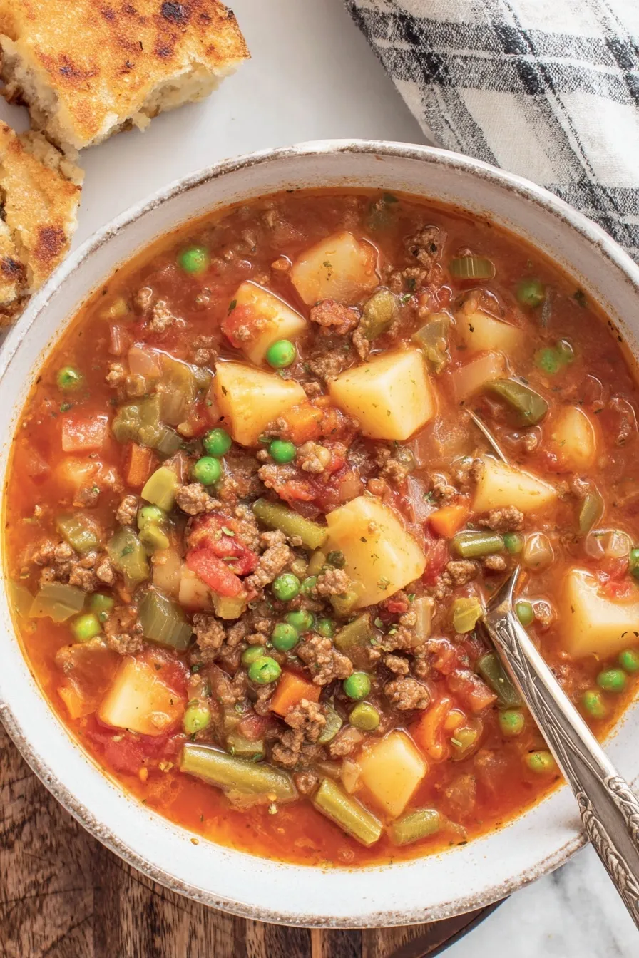 Ground beef and vegetables simmering in a pot for hamburger soup