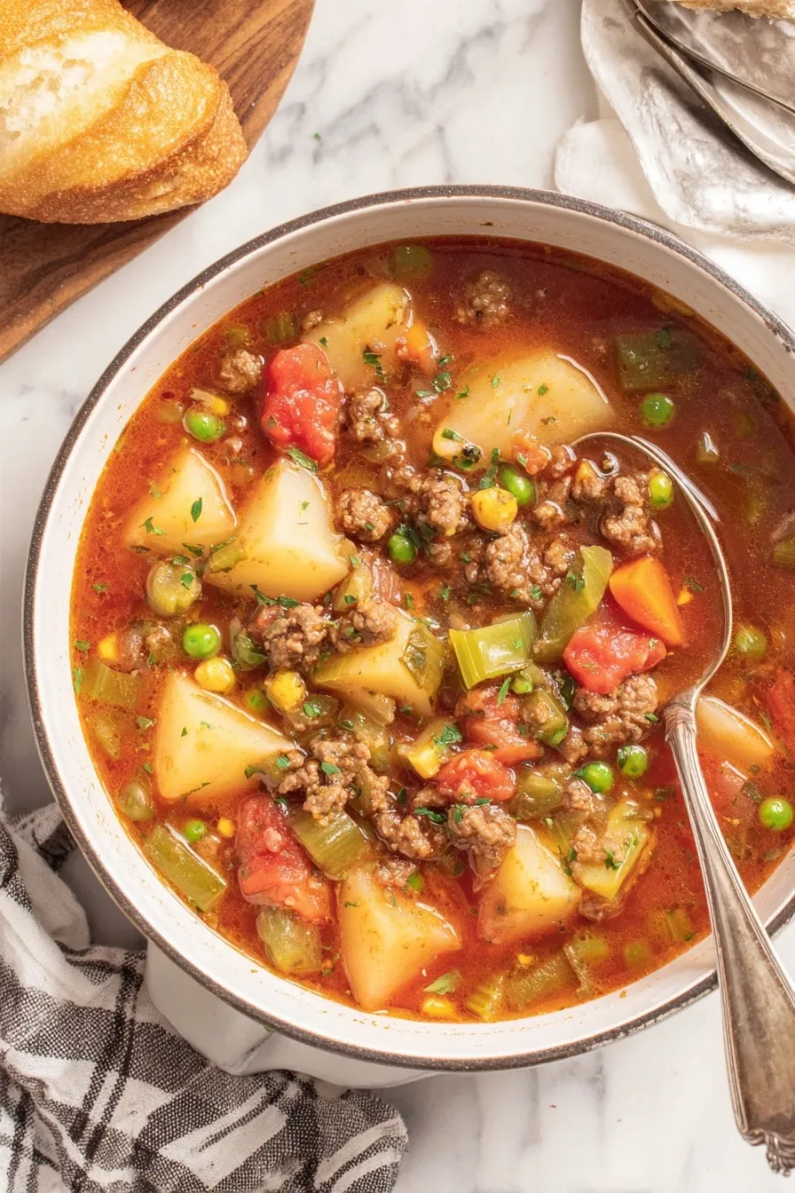Bowl of hamburger soup with herbs and bread on the side
