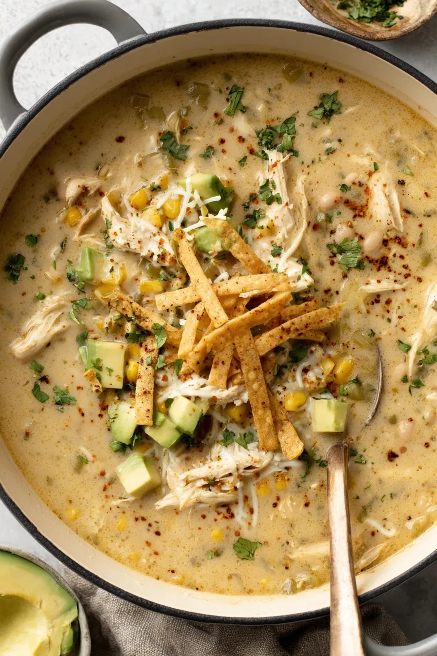 Creamy green chicken enchilada soup in a bowl with toppings