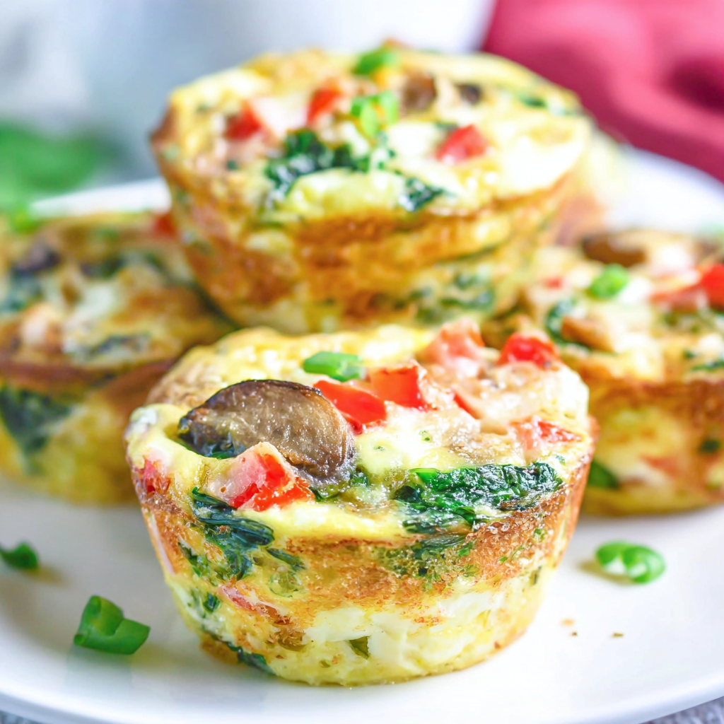 Close-up of sliced egg muffin showing vegetables inside