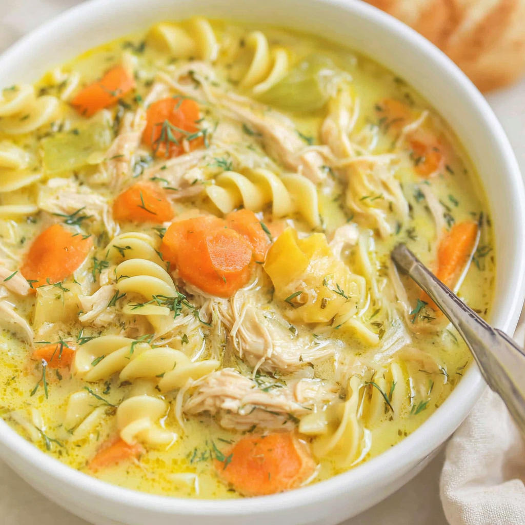 Creamy chicken noodle soup in a pot with noodles, chicken, carrots, and dill