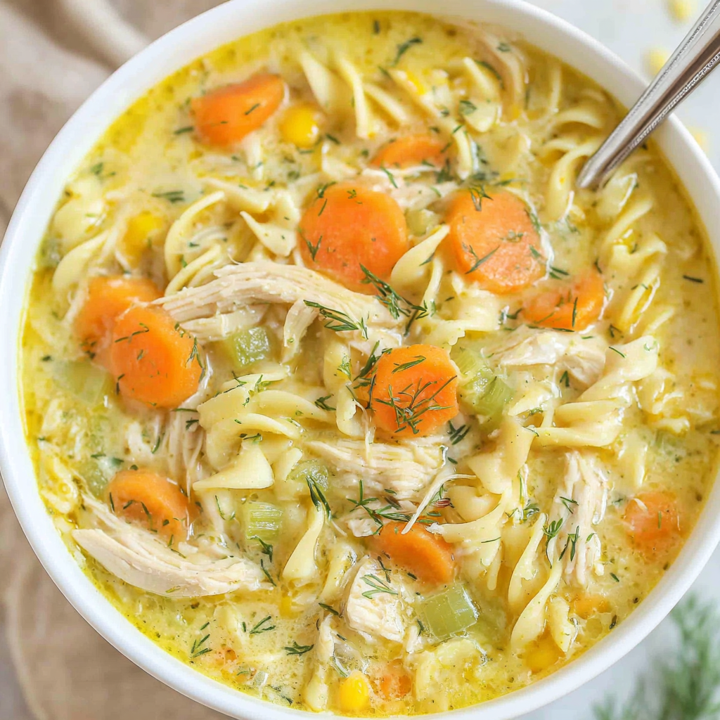 Bowls of creamy chicken noodle soup with herbs and bread on the side