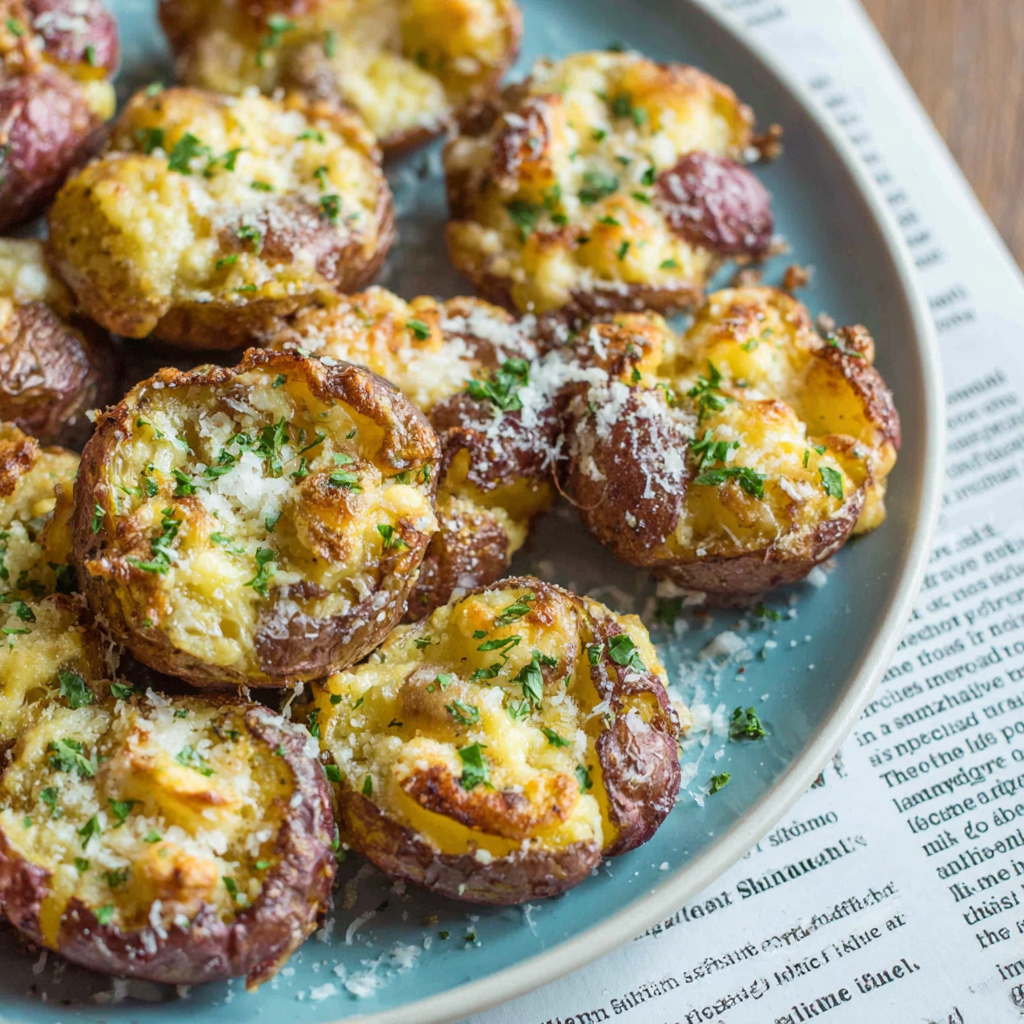Smashed potatoes served with dipping sauce and fresh herbs