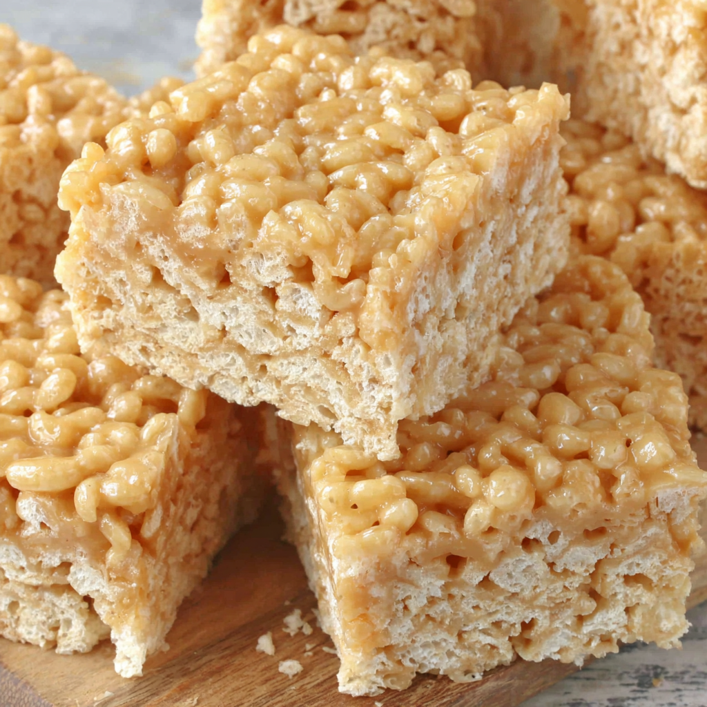 Close-up of a sliced caramel rice crispy treat with gooey layers