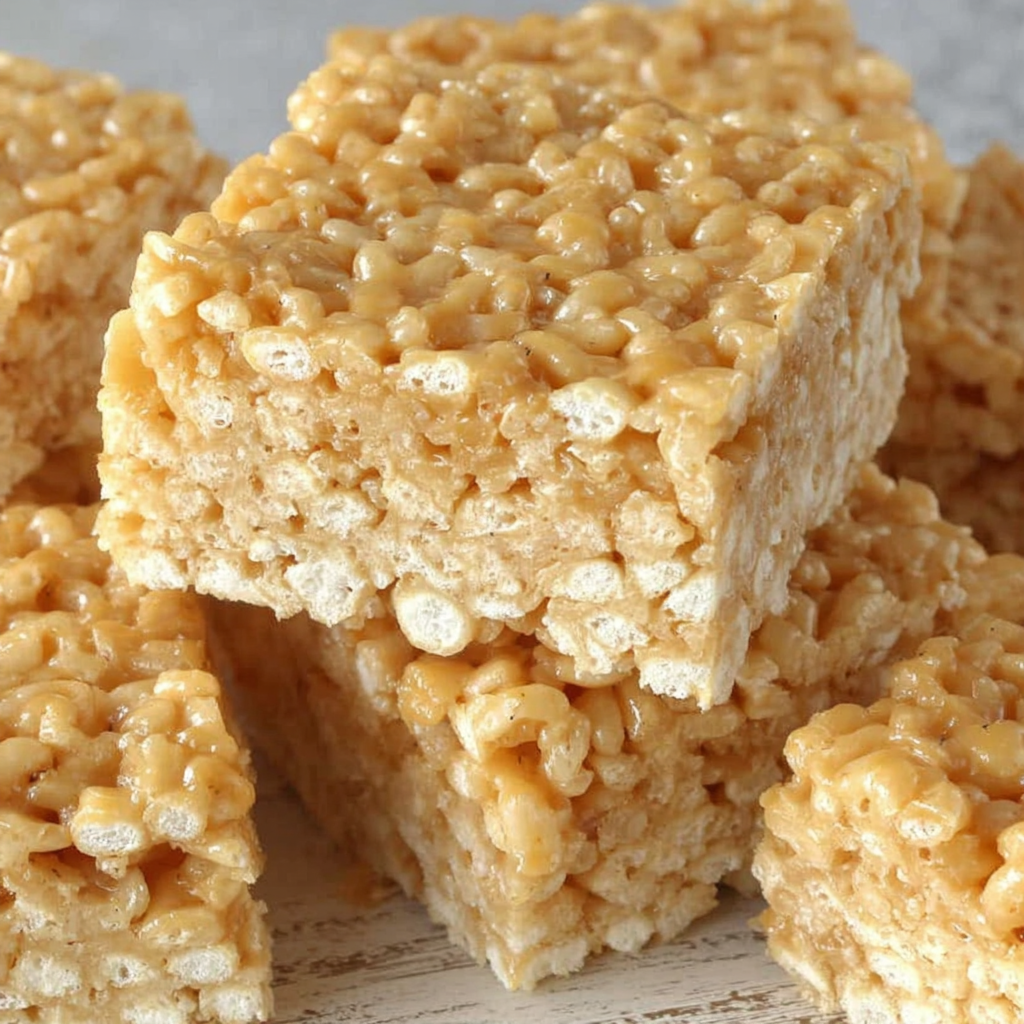 Stacked caramel rice crispy treats wrapped for gifting