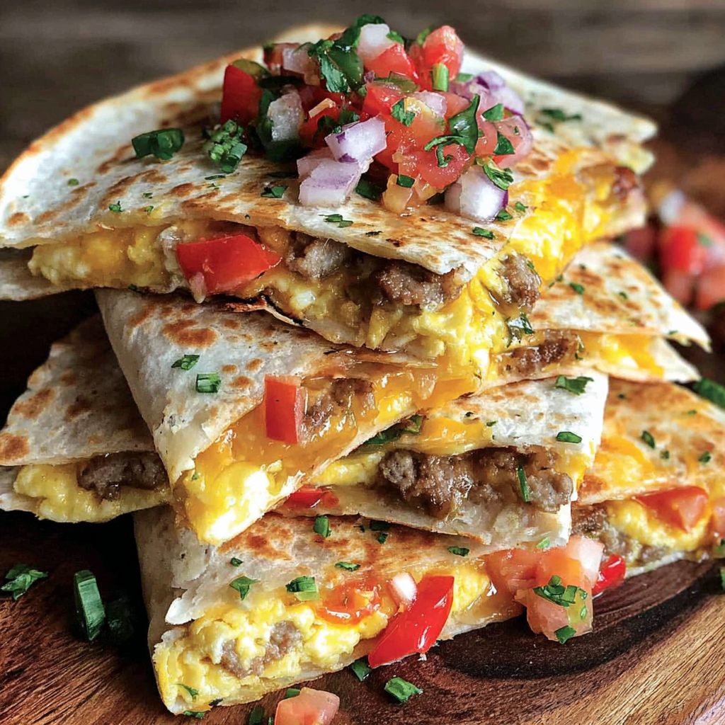 Skillet with breakfast quesadilla toasting to a deep golden brown