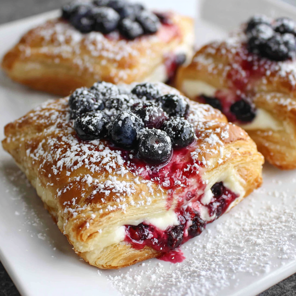 Close up of flaky puff pastry layers with cream cheese and blueberries