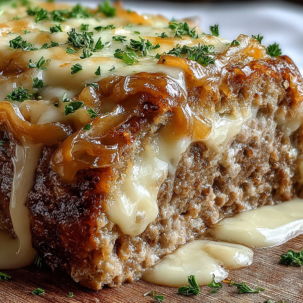 Sliced French onion beefloaf served with mashed potatoes and salad