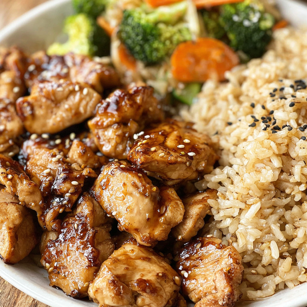 Hibachi chicken served over rice with steamed vegetables on a plate