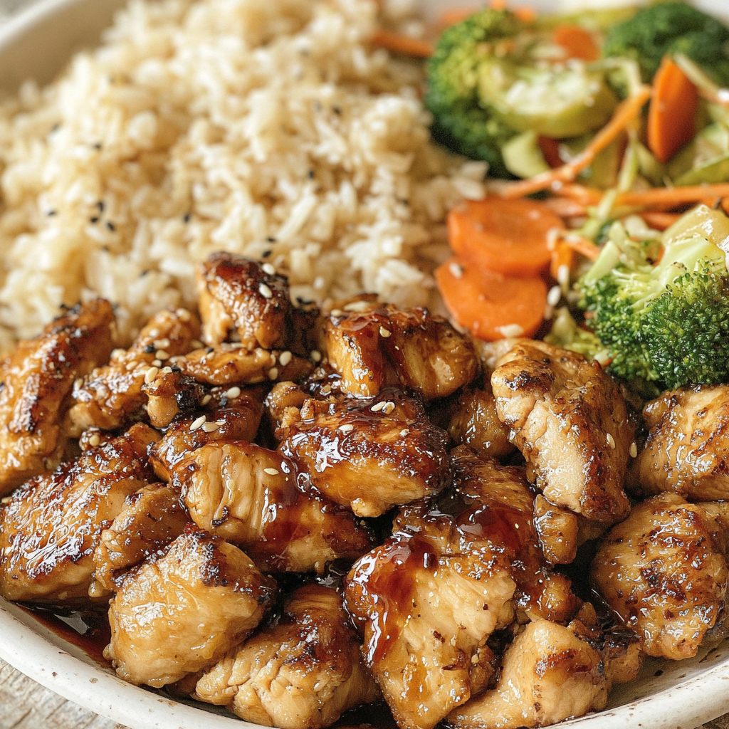 Close-up of glossy hibachi chicken bites on a serving plate