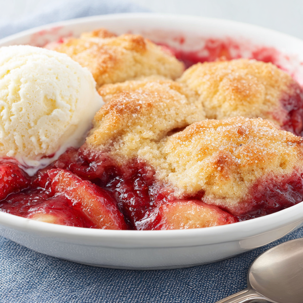 Serving bowl of warm raspberry peach cobbler with melting vanilla ice cream