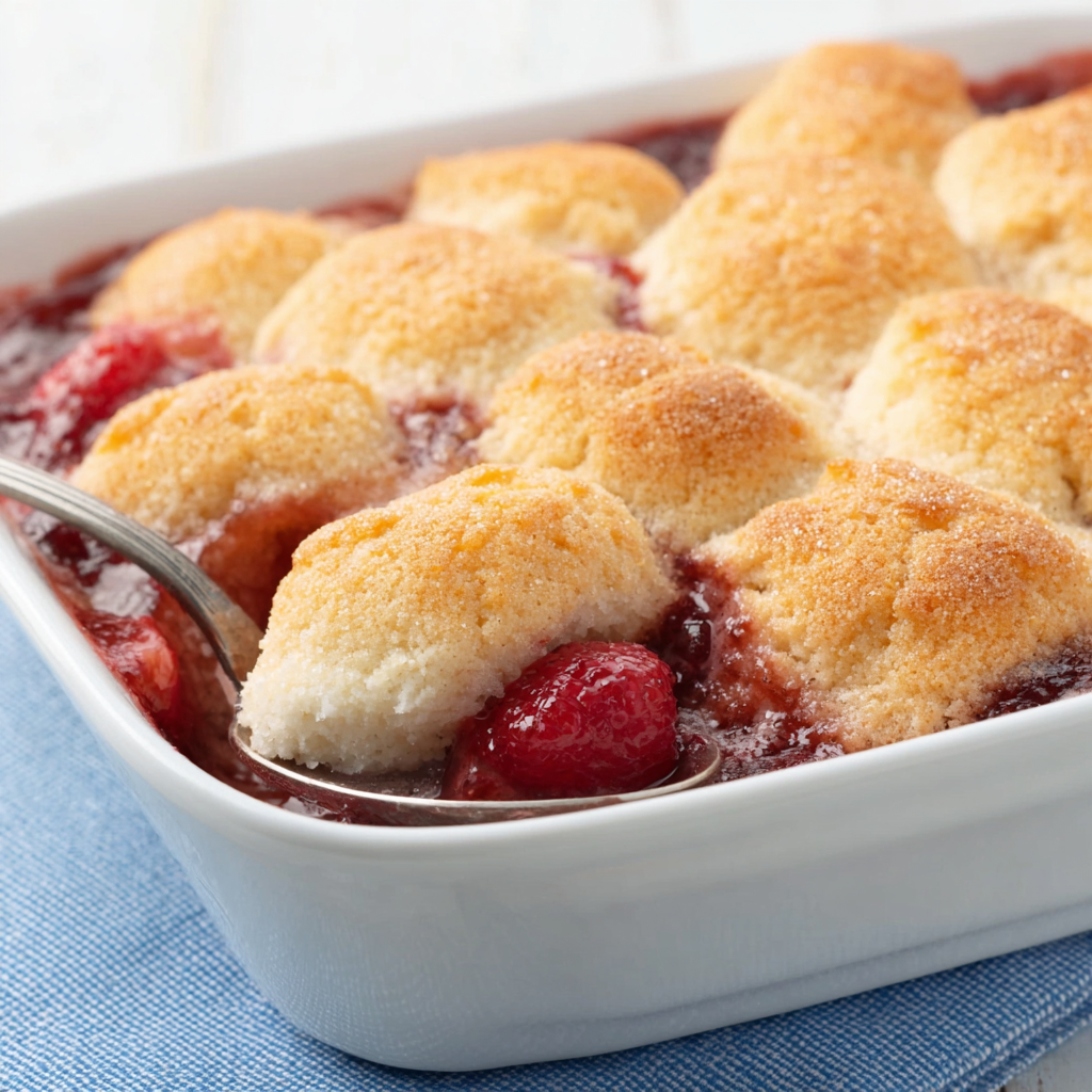 Close-up of golden biscuit topping over bubbling raspberry peach filling