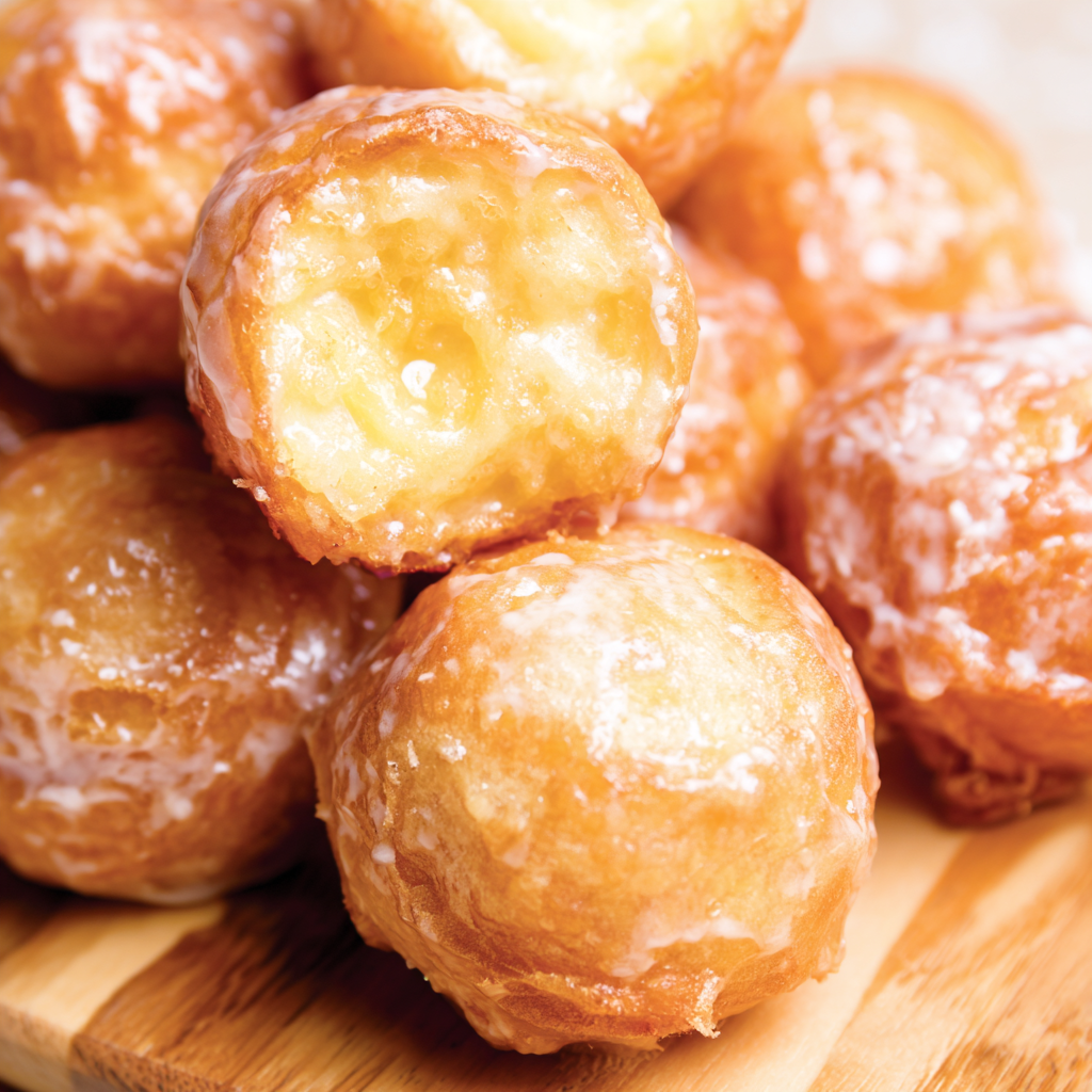 Freshly glazed donut holes on a wire rack with a bowl of vanilla glaze