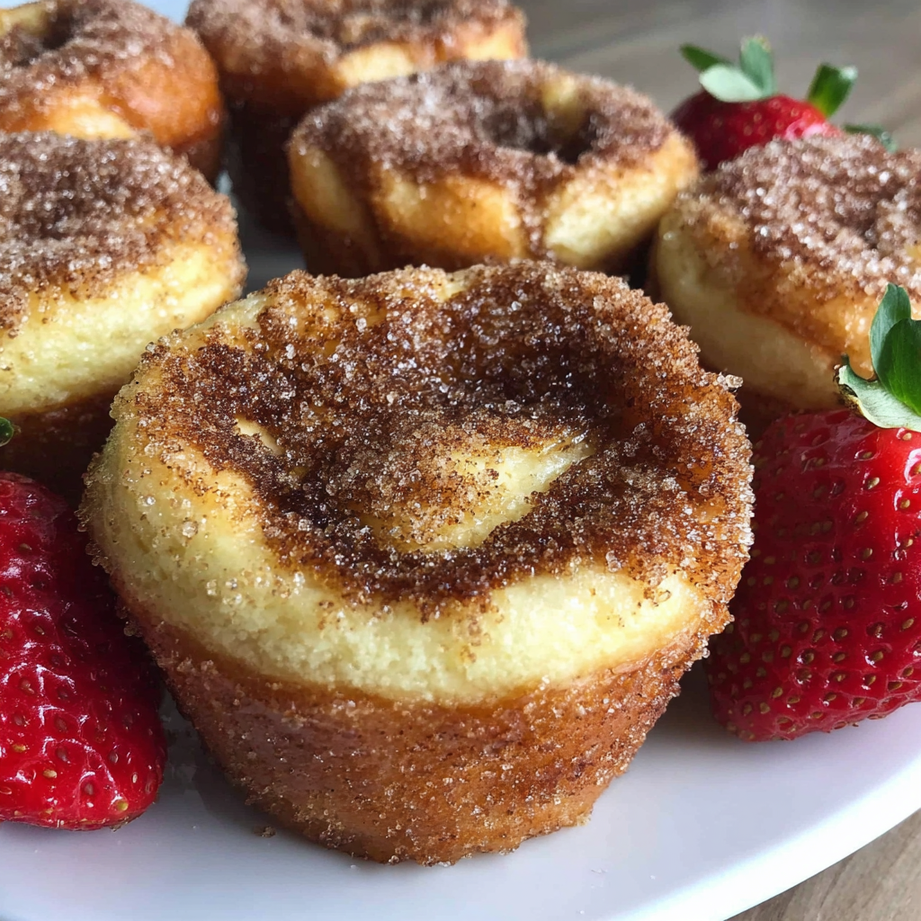 Close-up of a muffin split open showing fluffy crumb and cinnamon sugar crust