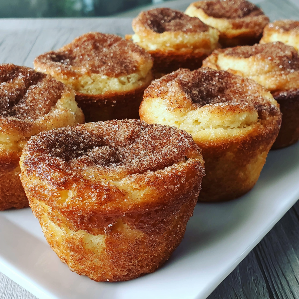 Tray of cinnamon sugar French toast muffins served with maple syrup and berries