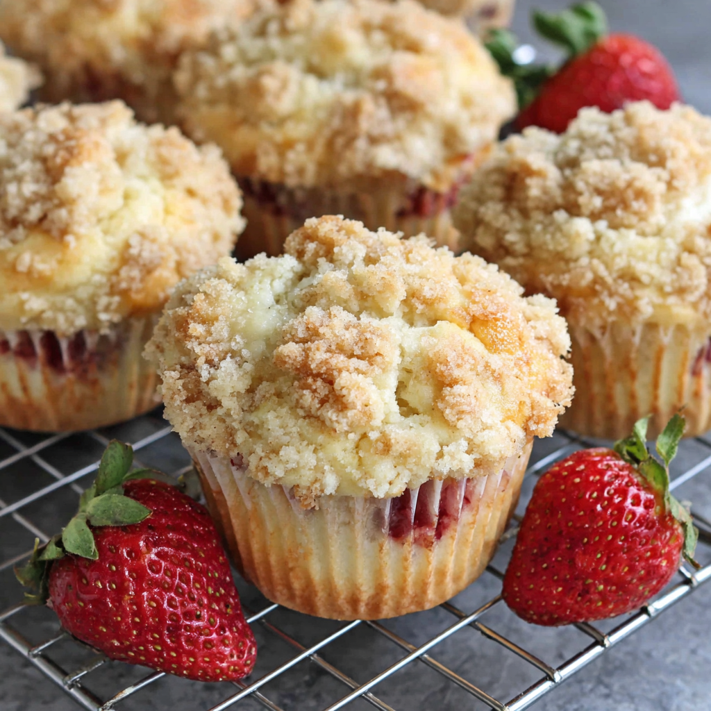 Close-up of strawberry muffin crumb with cheesecake filling
