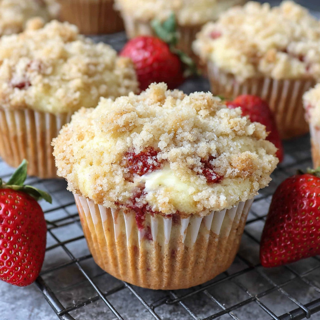 Tray of strawberry cheesecake muffins with streusel on cooling rack