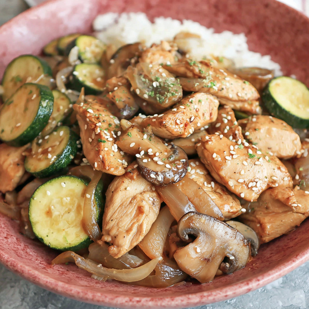 Cut chicken and prepped vegetables arranged beside a wok