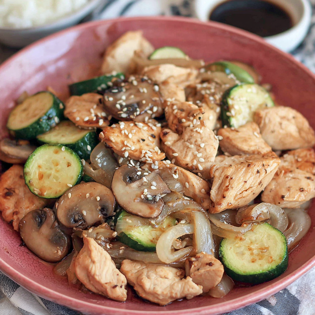 Plated hibachi chicken with rice and scallions