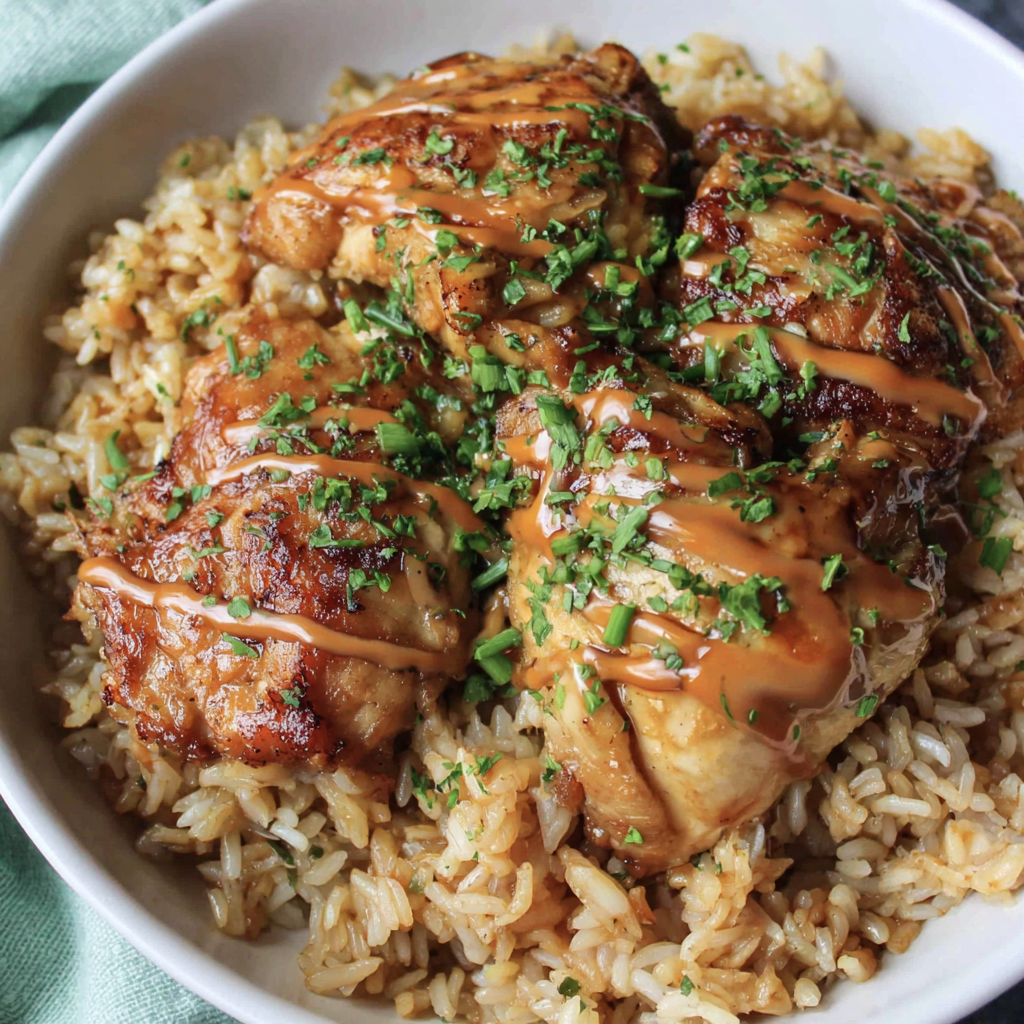 Close-up of tender hibachi-style chicken over fluffy jasmine rice