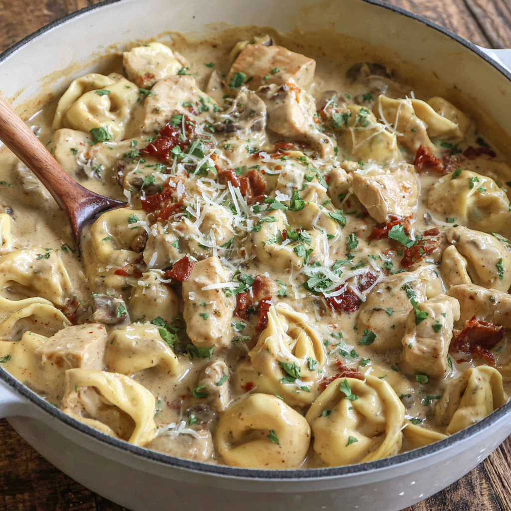 Close-up of tortellini coated in creamy sun-dried tomato sauce with basil