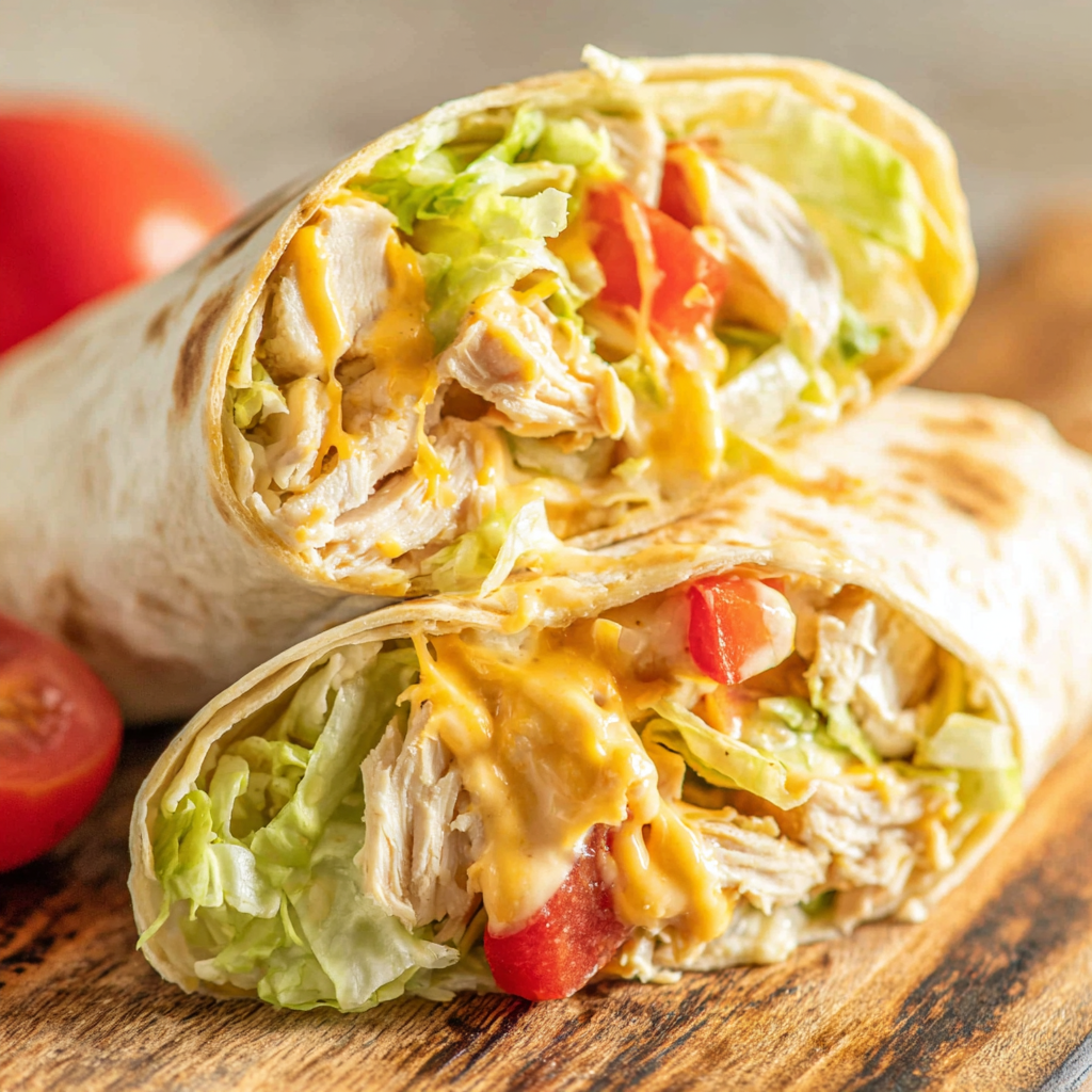 Close-up of a sliced chicken wrap with melty cheese and romaine