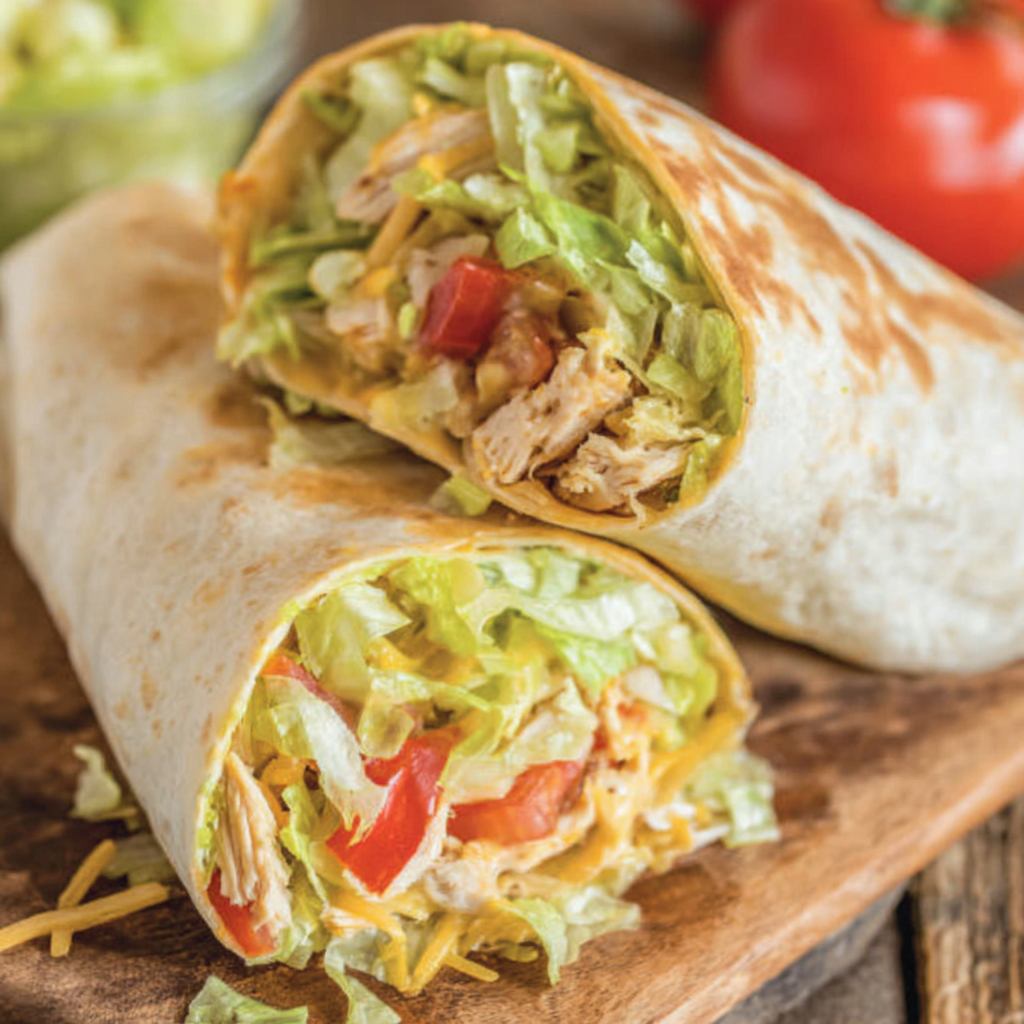 Stacked chicken wraps on a platter with dipping sauce