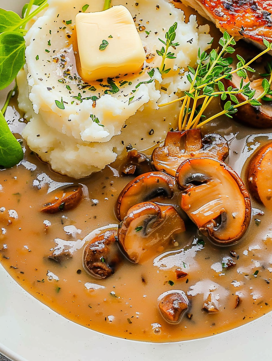 Creamy mushroom gravy being ladled over mashed potatoes