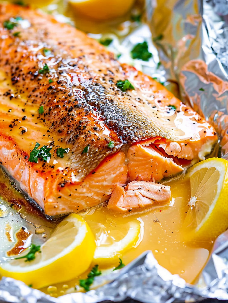 Close up of glazed salmon with lemon